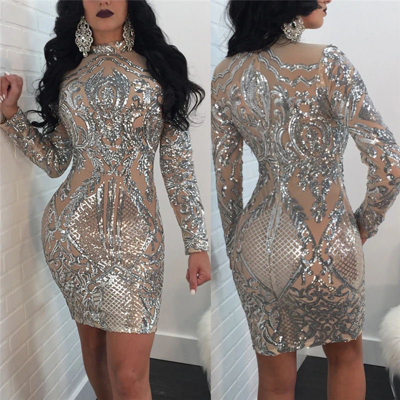 

Adogirl 2018 Stylish Nude Sequins Long Sleeve Club Dress Gorgeous Turtleneck Bodycon Mini Party Dresses Stage Costumes Vestidos