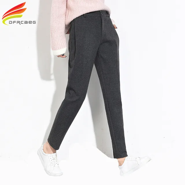 Warm Winter Trousers For Women Gray And Black Casual Harem Pants Woolen