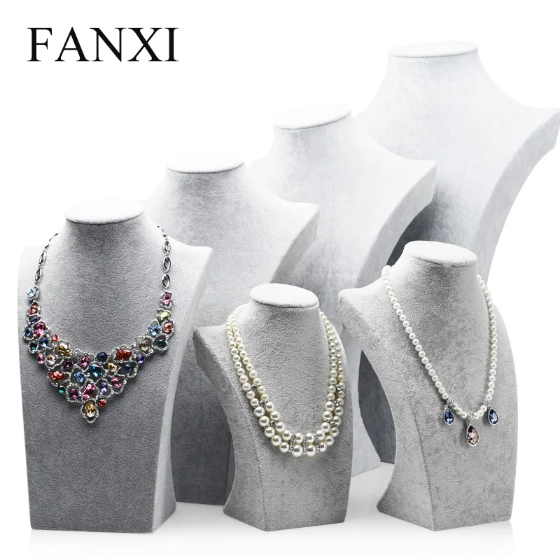 FANXI Elegant Silver Gray Color Velvet Jewelry Bust Stand Necklace