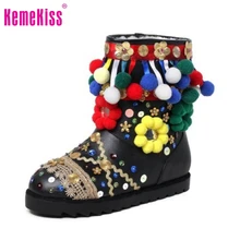 Russia Winter Warm Snow Boots Women Real Leather Thickened Fur Ankle Botas Woman Ethnic Style Flats Brand Shoes Woman Size 34-39