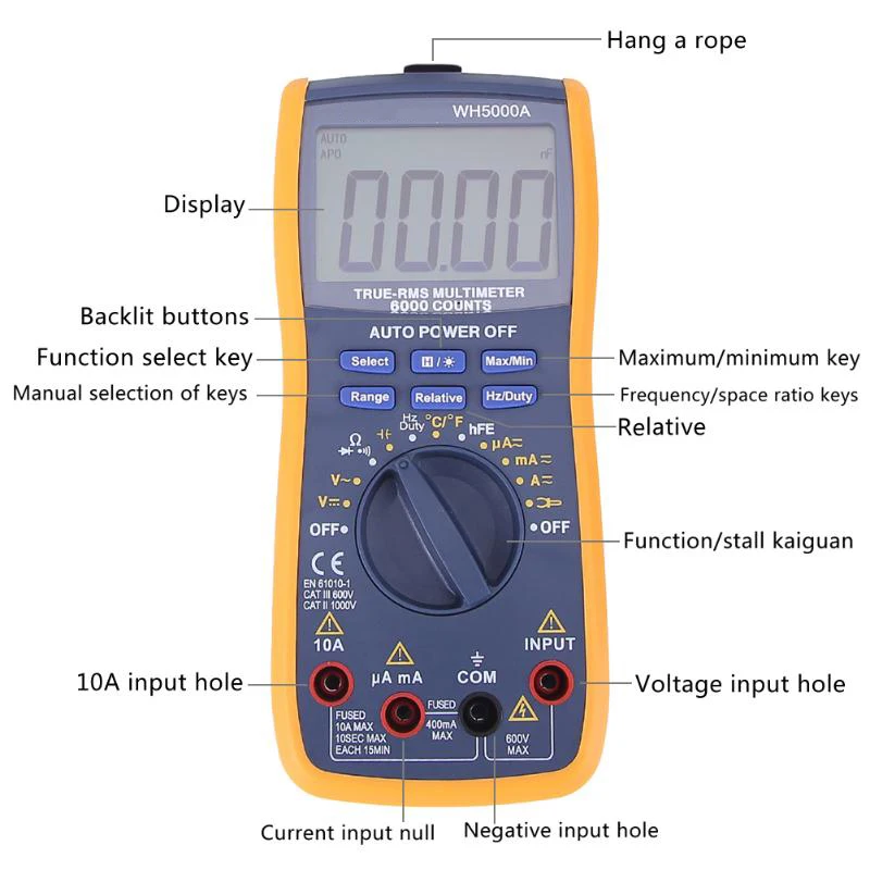 WH5000A магнит цифровой мультиметр 5999 отсчетов Авто Диапазон с подсветкой магнит повесить AC DC Амперметр Вольтметр Ом тестер метр