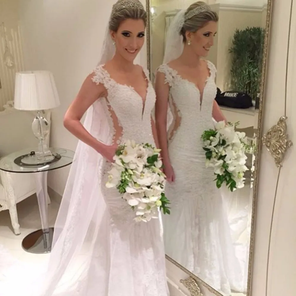 

In Fashion 2018 Lace Mermaid Wedding Dress Backless Deep V Neck Floor Length Brush Bridal Gown Cap Sleeve vestido de noiva M3