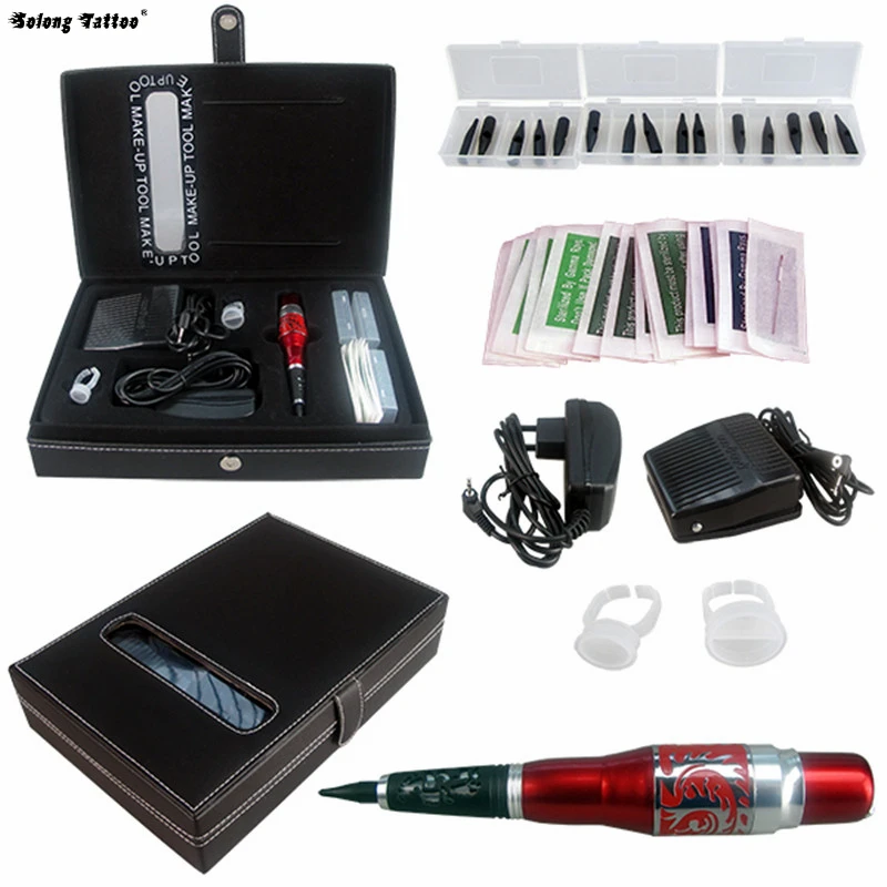 

Solong Tattoo Eyebrow Tattoo Kit Permanent Makeup Set Eyebrow Machine Red Pen Power Supply Needle Tip EK703-5