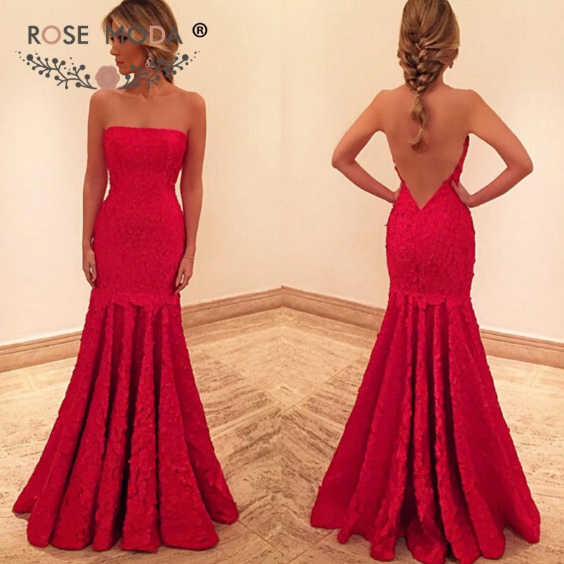 

Rose Moda Sleeveless Red Lace Mermaid Prom Dress Sexy Open Back Party Dress 2019