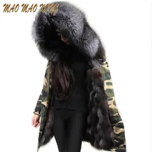 Real Fox Fur Lined Detachable Women Long Jacket With Large Natural Raccoon Fur Collar Hooded Parka Winter Outwear