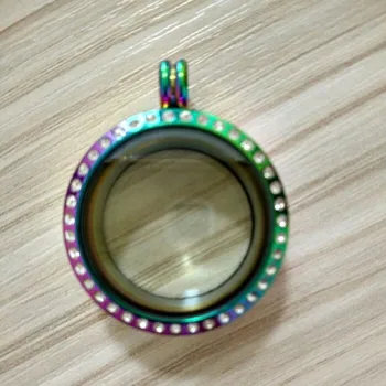 

Hot Rainbow Stainless Steel Floating Lockets 30mm Round Magnetic Glass Floating Charm Locket Pendants With Rhinestones SL006