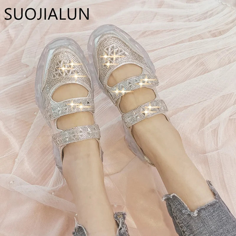 

SUOJIALUN 2019 Fashion Casual Flat Bling Diamond Women Shoes Hook&Loop Flat Platform Casual Shoes Women Flats Zapatos de Mujer