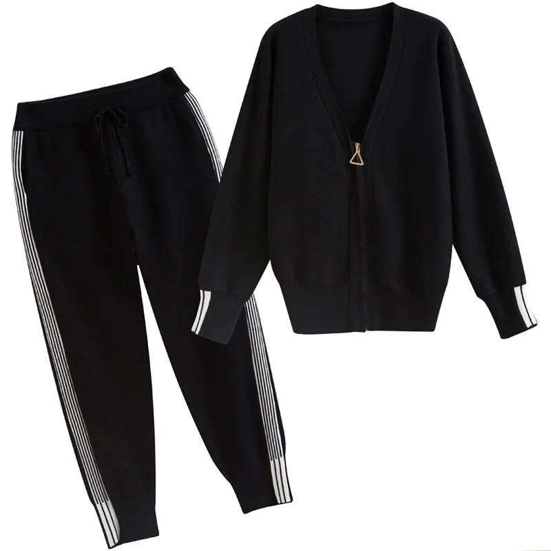 

2 Pcs Women's Winter Casual Wear Side Striped Zip Top And Pants Slim Cardigan Casual Suit