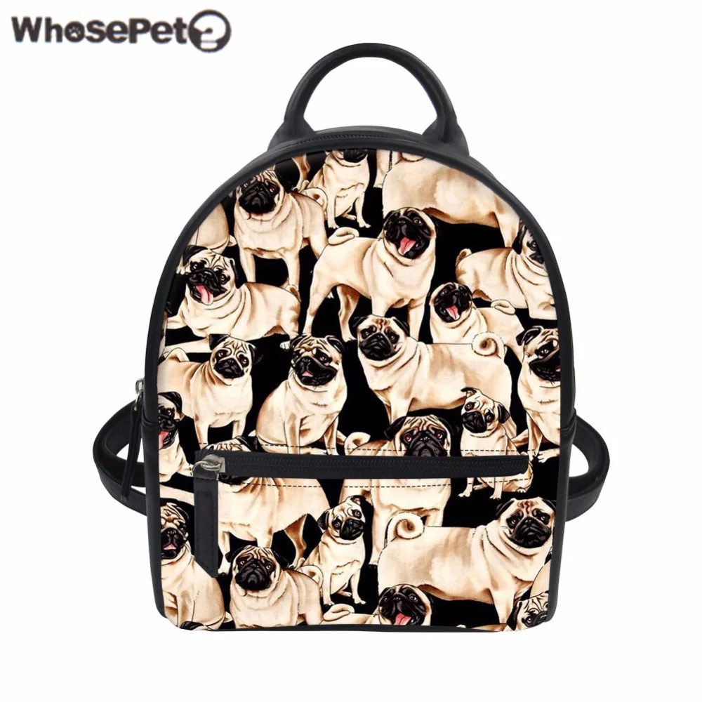 WHOSEPET Women Backpack Pug Dog Print PU Leather Bag Small School Backpack for Teenager Girls