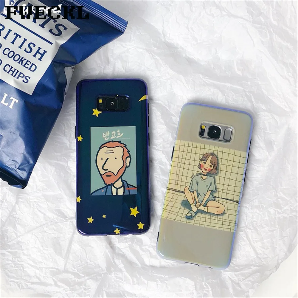 

Blue light Glossy Van Gogh Pattern Phone Case For Samsung Galaxy Note 8 9 S8 S9 Plus S7 Edge Lovely Girl Soft TPU Silison Cover