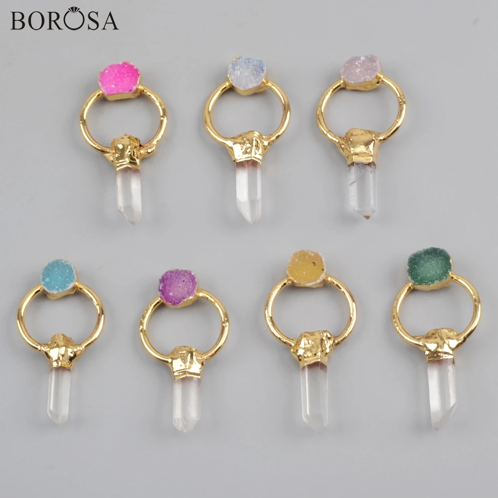

BOROSA 5PCS Gold Color Aura Druzy Crystal Quartz Point With Agates Titanium Rainbow Druzy Charm Pendants for Necklace G1808