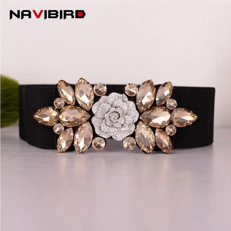 Flower Rhinestone Desinger Elastic Women'S Belt Stretcheable Waistband
