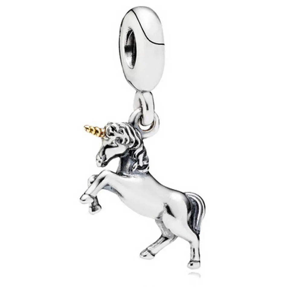 

Authentic 925 Sterling Silver DIY Jewelry Unicorn & Gold Color Dangle Pendant fit Lady Necklaces Girl Gift