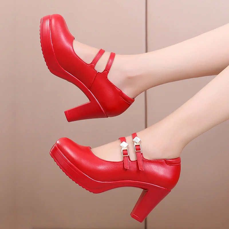 Большой размер 33-43, обувь на платформе с квадратным каблуком женские туфли-лодочки г. Офисные туфли на высоком каблуке с двойной пряжкой Серебристые свадебные туфли красный, белый
