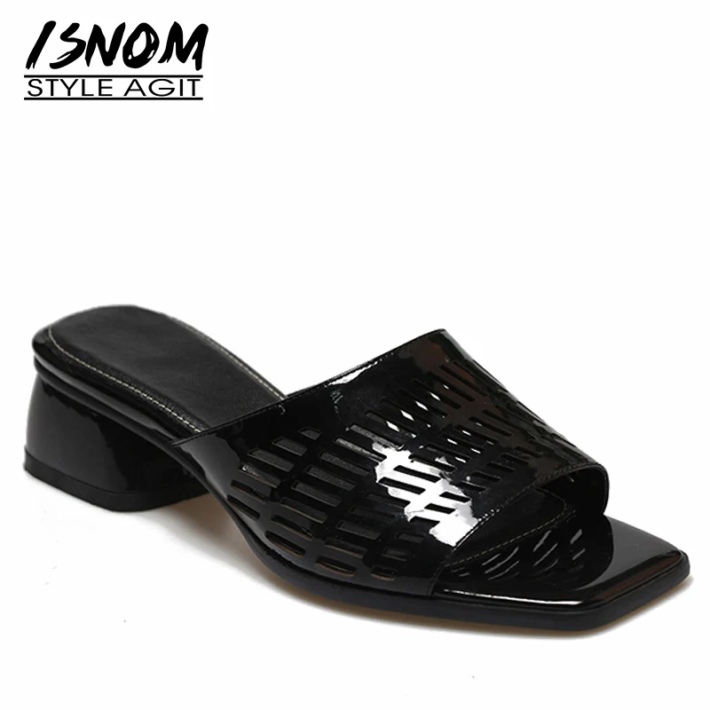 ISNOM лакированные кожаные туфли-лодочки женская обувь с открытым носком вырезы направляющие женские туфли на низком каблуке мюли женская