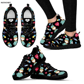 

INSTANTARTS Cute Cartoon Nurse Black Sports Shoes Nursing Print Woman Outdoor Running Shoes Breathable Athletic Walking Sneakers