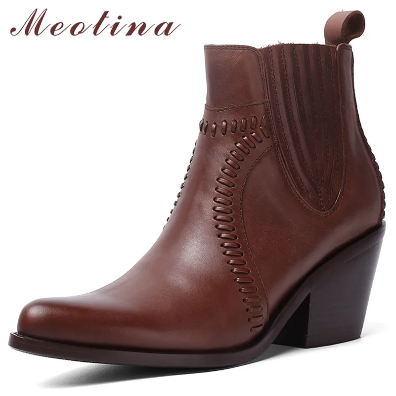 

Meotina Genuine Leather Ankle Boots Women Cow Leather Strange Style High Heel Short Boots Pointed Toe Shoes Lady Autumn Size 39