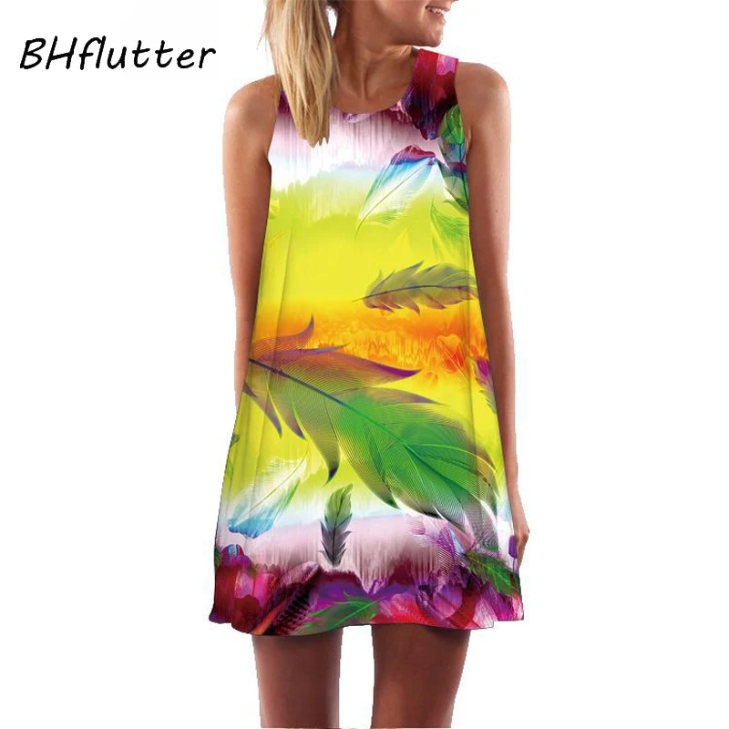 

BHflutter Colorful Feathers Print Summer Dress 2019 Women New Style Casual Loose Chiffon Dress Sleeveless Sexy Boho Beach Dress