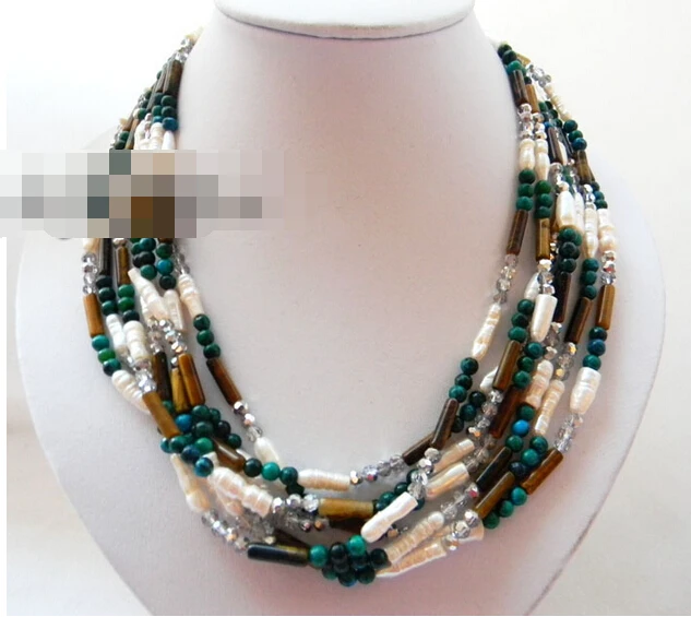 

11834 7Strands White Baroque Oval Pearl Tiger's-eyes Malachite Crystal necklace
