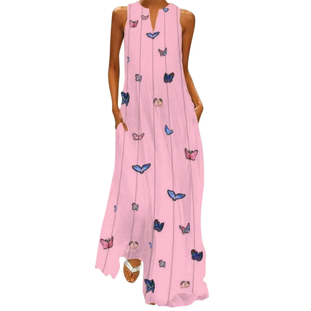  Summer Plus Size Bohemian Print Maxi Dress Women Daily Casual Sleeveless Striped Butterfly Print Lo