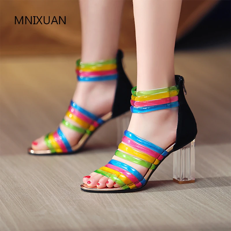 

MNIXUAN Fashion Bohemia colorful women sandals shoes high heels 2019 summer new arrival open toe zipper crystal heel big size 43