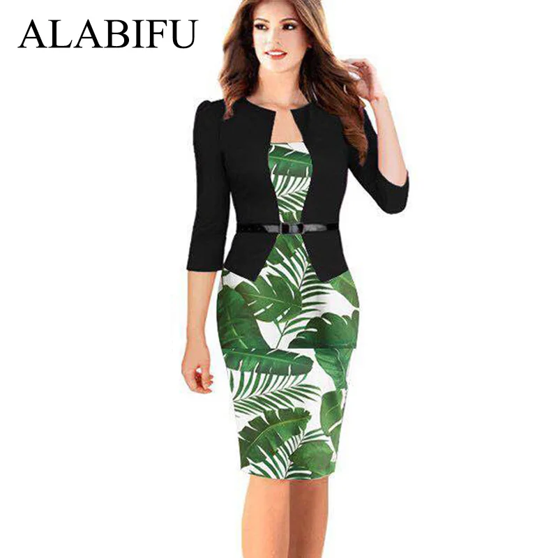 

ALABIFU 2019 One Pieces Patchwork Floral Summer Dress Elegant Formal Work Office Pencil Dress Plus Size Bodycon Party Dress 5XL