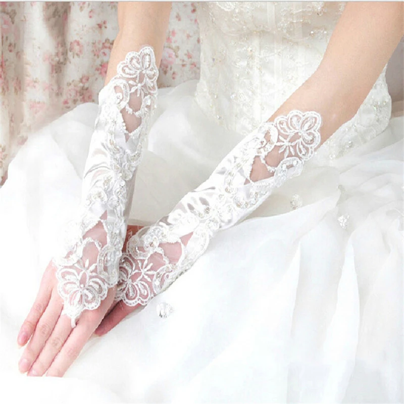 Quinby Wedding Gloves Women Fingerless Bridal Gloves Long Sequin Lace gant mariage femme Party gloves Wedding Accessories Q5