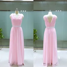 Real Photo Elegant V-neck Chiffon Pink Bridesmaid Dress brautjungfernkleid Pleats Zipper Back vestidos de damas de honra adultas