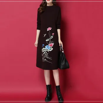 

Women New Knit Dress 2019 Spring Autumn Loose Sweater Dress Female Embroidered Elegant Pullover Winter Turtleneck Sweater NO656