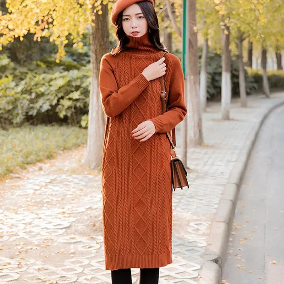 

Women Winter vintage Dress 2019 Knitted Dress Turtleneck Long Sleeve Women Warm Sweater Dress