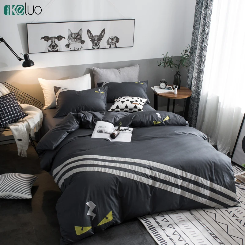 

KELUO European Embroidery Gray face Bedding Set Duvet Cover Set 100% Cotton Bed Set With Flat Sheet
