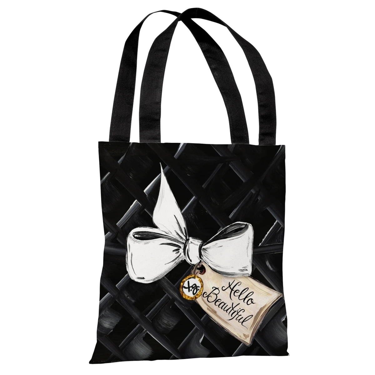 One Bella Casa 73059TT18P 18 in. Hello Beautiful Bow & Gold Glitter Polyester Tote Bag by Timree Gold - Black White (1)