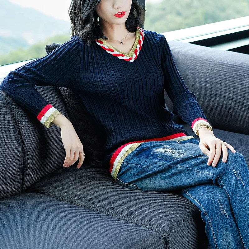 V-neck long sleeve pullovers elastic knit shirts  2018 new women autumn basic sweater 