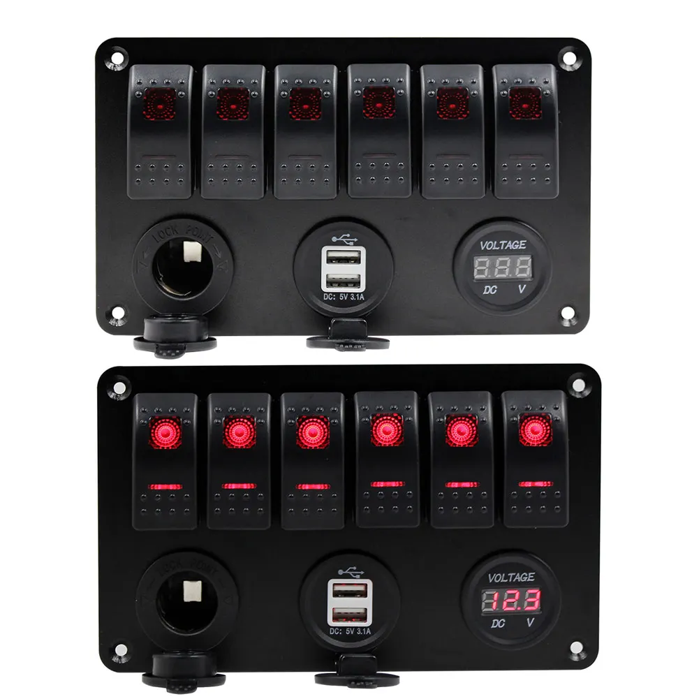 

6 Gang LED Rocker Switch Panel Dual USB Charger Socket Voltmeter Car Marine Boat New CSL2017