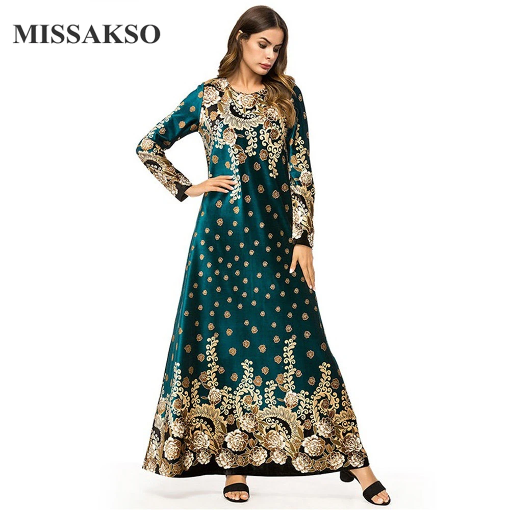 Missakso الأخضر سميكة أنيقة النساء فساتين المخملية خمر طويلة الأكمام الطبيعي الأزهار التطريز الخريف الشتاء س الرقبة السيدات