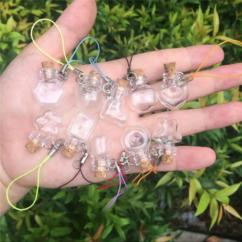 Mixed Mini Glass Bottles, Key Chain Pendants, Small Wishing Bottles with Cork, Vial Arts Jars for Bracelets, Gifts, 10Pcs