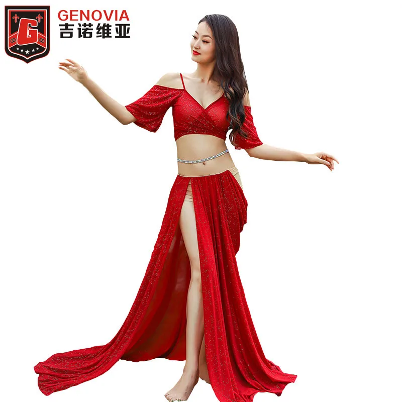 

New arrival Ladies Blouse Skirt 2pcs Suit Women Belly Dance Sexy Oriental Dance Mesh Split Long Skirt Top dancer's dress
