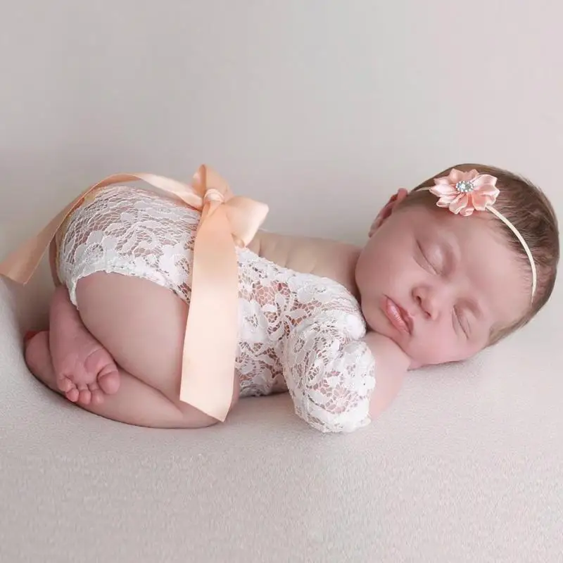 

2pcs Newborn Photography Props Baby Girls Lace Costume Bowknot Rompers Headband Photo Shoot Infant Outfit Girl Accessories