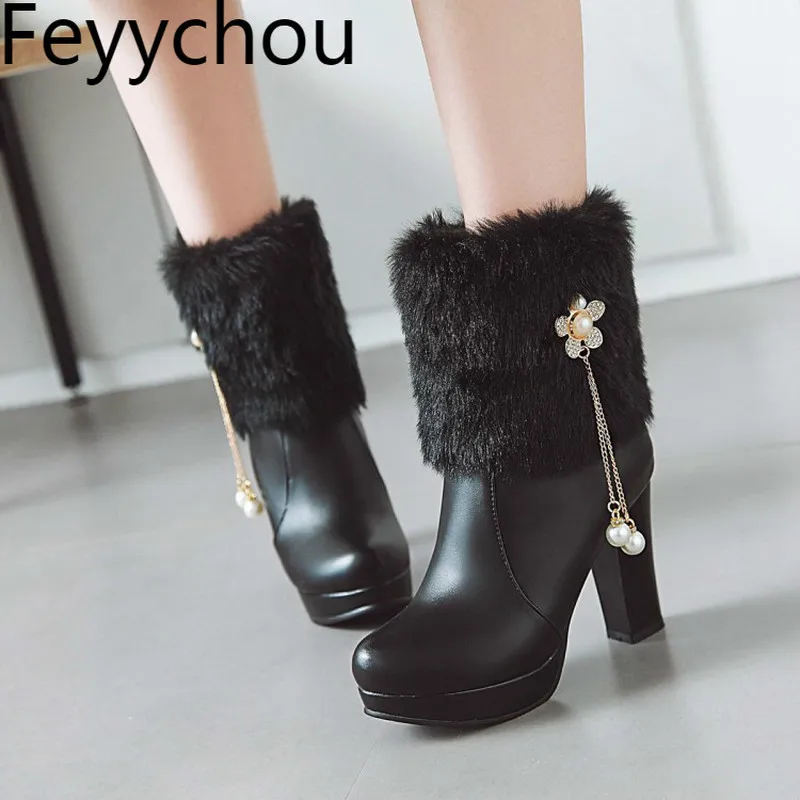 

Women Boots Autumn Winter Warm Fur Zip Super High Heel Pu Mid-calf Motorcycle Snow Boots 2018 New Sexy Fashion Black Beige Pink