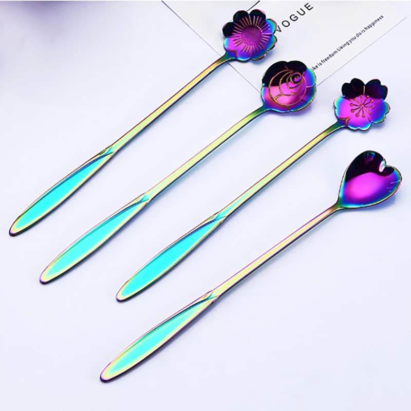 

Baispo 4 Pcs Long Handle Petal Spoon Tableware Set Rainbow Gold-plated Colorful Romantic Cutlery Set Creative Stirring Ice Spoon