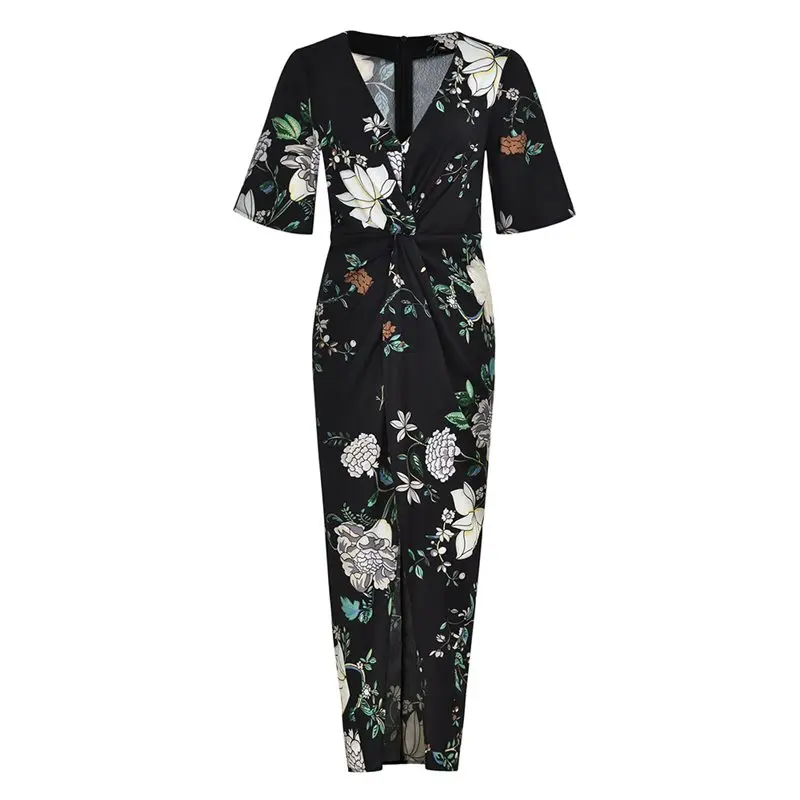 

Sexy Floral print Bpdycon Dress Women Boho Chiffon See Through Split Summer Black Elegant Girl Holiday Fashion Slim Midi Dresses