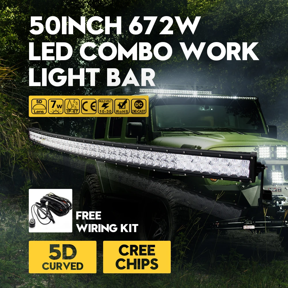 

5D 52" 672W CREE Chip LED Curved Combo Work Light Bar Offroad Driving Lamps BOAT Truck Trailer SUV ATV Car Lamps External Lights