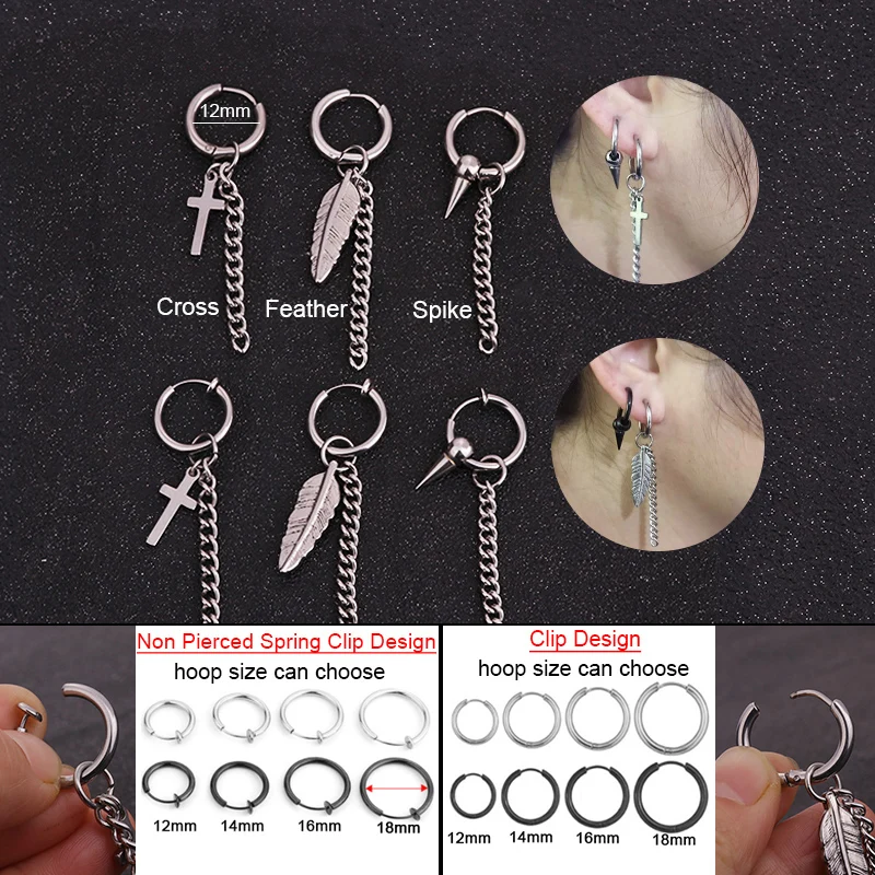 

Sellsets Korea Popular Hip Hop Earring And Non Pierced Clip on Hoop Earring With Chain Tassel Cross Feather Spike For Men Women