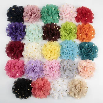 

20pcs/lot Colorful Chiffon Gold Polka Dotted Fabric Flower Flat Back For Headband Floral Hair Accessories DIY Boutique