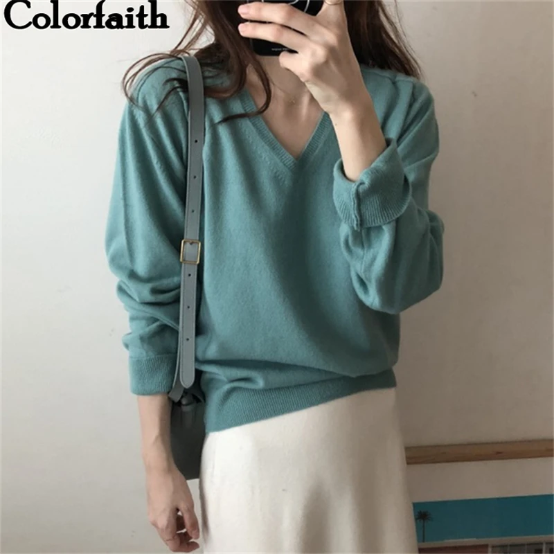 

Colorfaith Women's Sweaters Autumn Winter 2019 Pullover Knitting V-Neck Elegant Card Casual Solid Minimalist Loose Tops SW7136