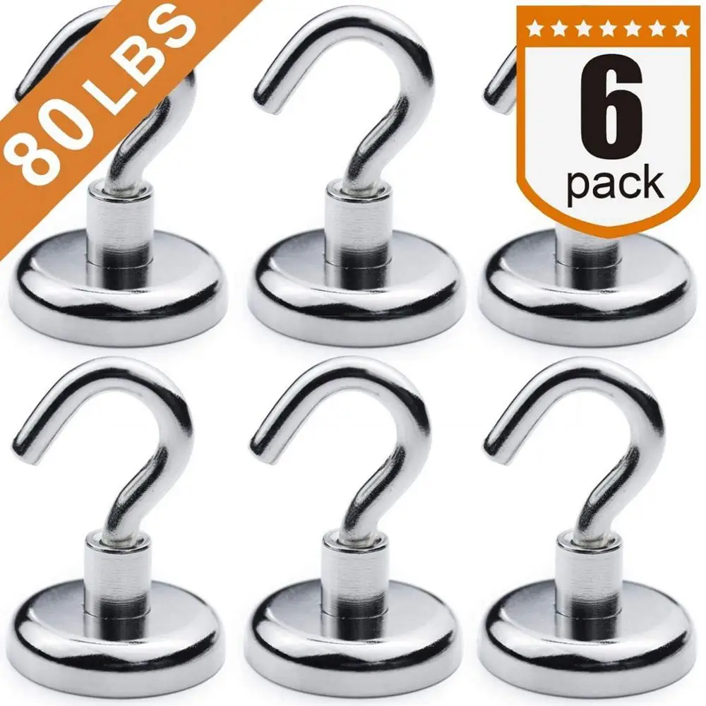

Heavy Duty Magnetic Hook, Strong Neodymium Magnets Hook for Home, Kitchen, Workplace,etc ,D32mm Hold up to 80Pounds, Pack of 6
