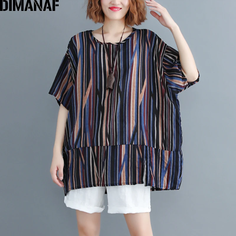 

DIMANAF Plus Size Women T-Shirts Basic Lady Tunic Tops Vintage Print Striped Linen Female Clothes Big Size Tee Loose 2019 Summer
