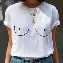 2017 Cotton Womens T shirt White Tit Tee Breast Printed T-Shirt Emoji Tees Street Boob Harajuku Womens Tshirt Plus Size M-3XL