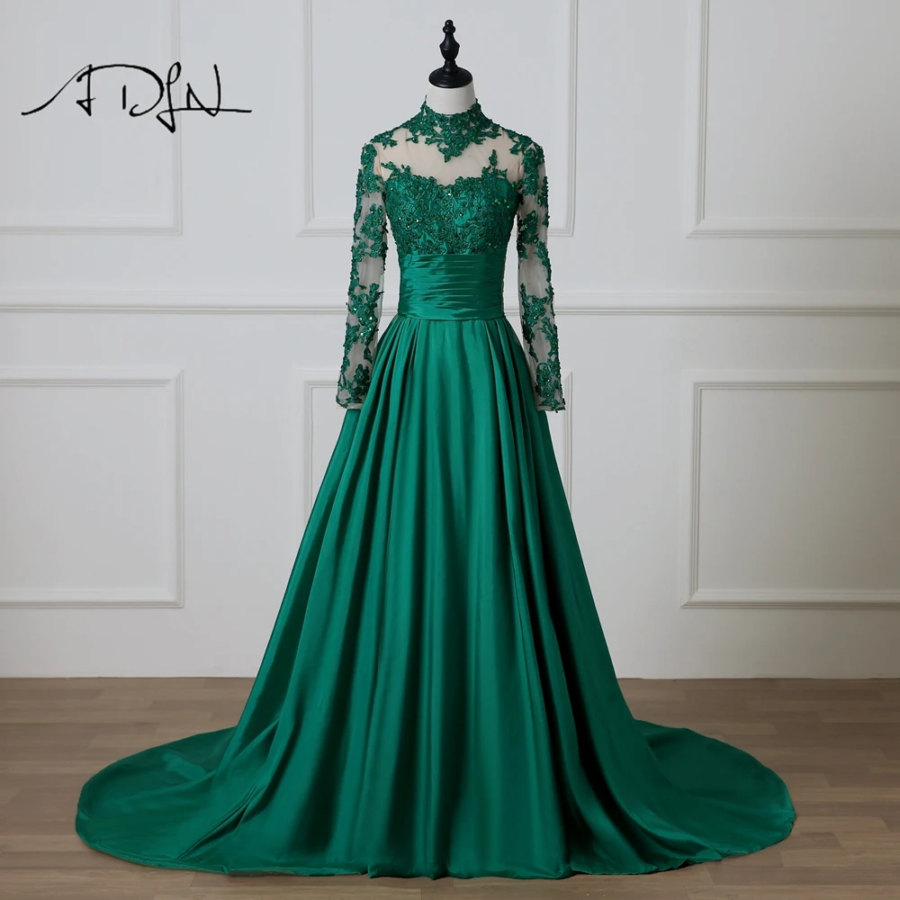 

ADLN Modest Long Sleeves Evening Dress with Open Back Custom Made A-line High Neck Green Taffeta Formal Party Gown