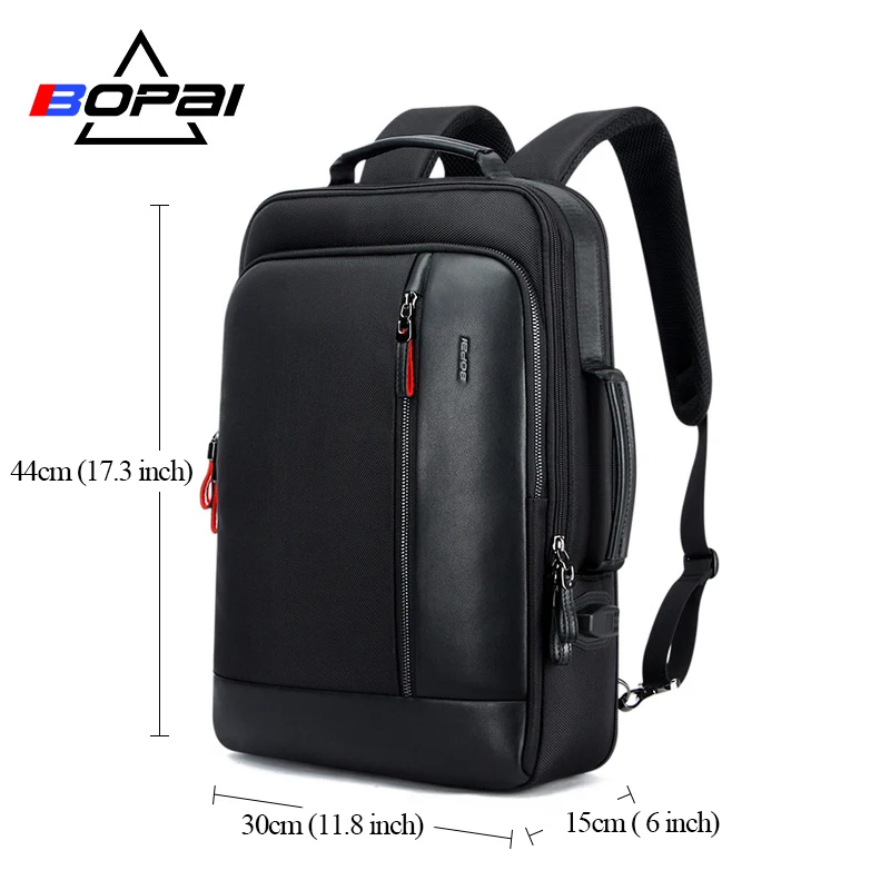 BOPAI, USB зарядка, мужской черный кожаный рюкзак, школьные сумки, скрытый карман, Противоугонный рюкзак, мужской рюкзак для ноутбука, sac a dos